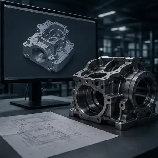 CAD-модель и готовая корпусная деталь на инженерном столе