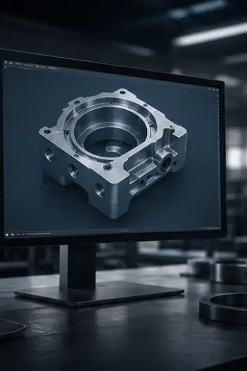 CAD-модель металлической детали на мониторе