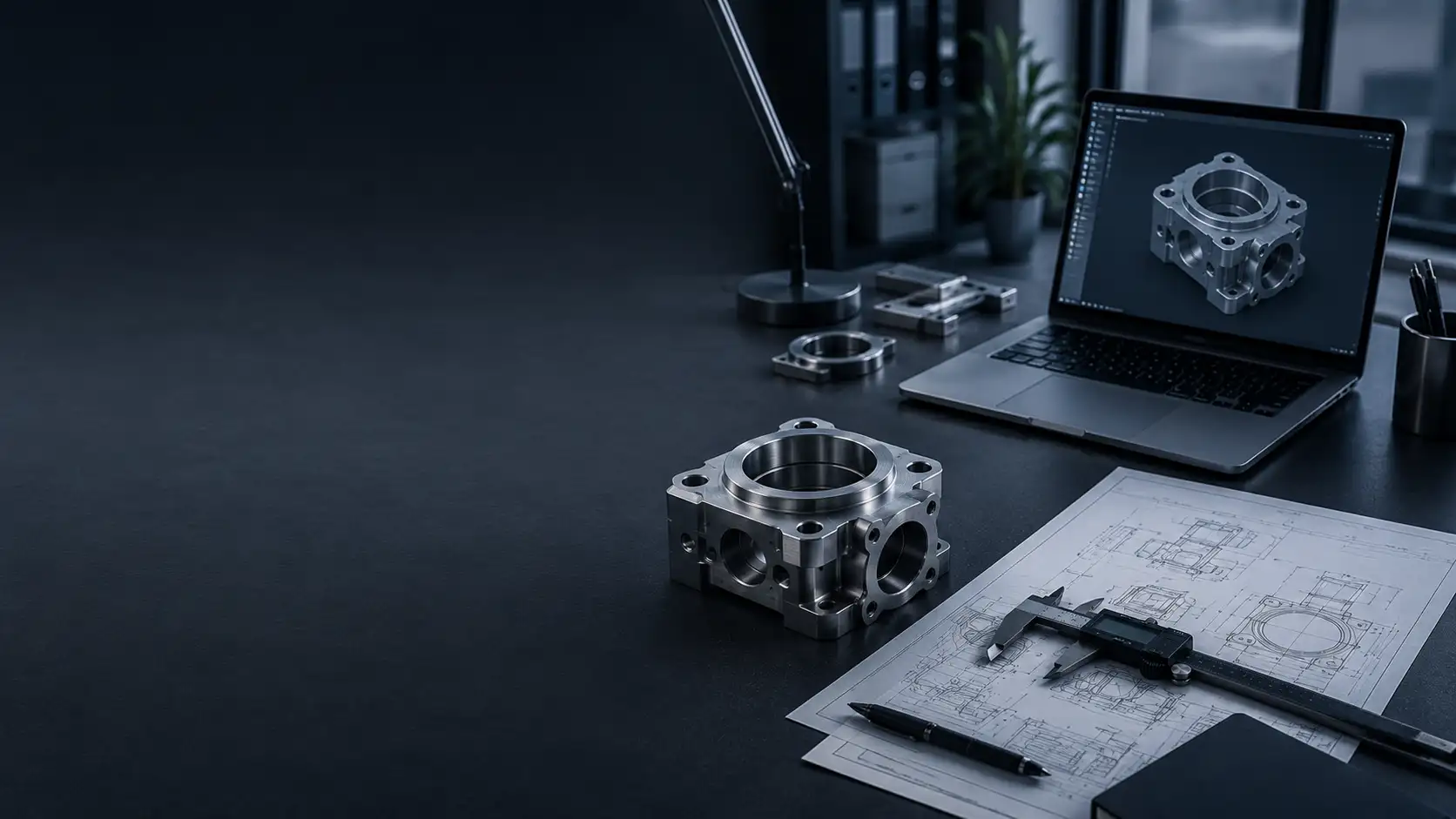 Рабочее место инженера с CAD-моделью, чертежом и деталью
