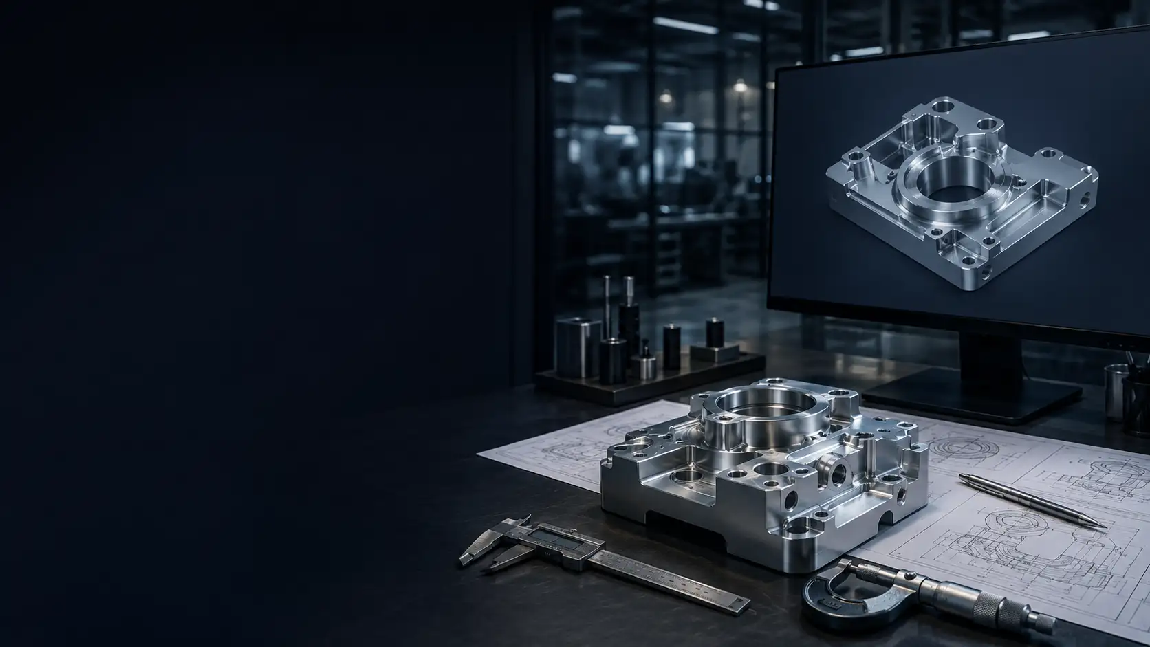 Инженерное рабочее место с CAD-моделью, чертежом и металлической деталью